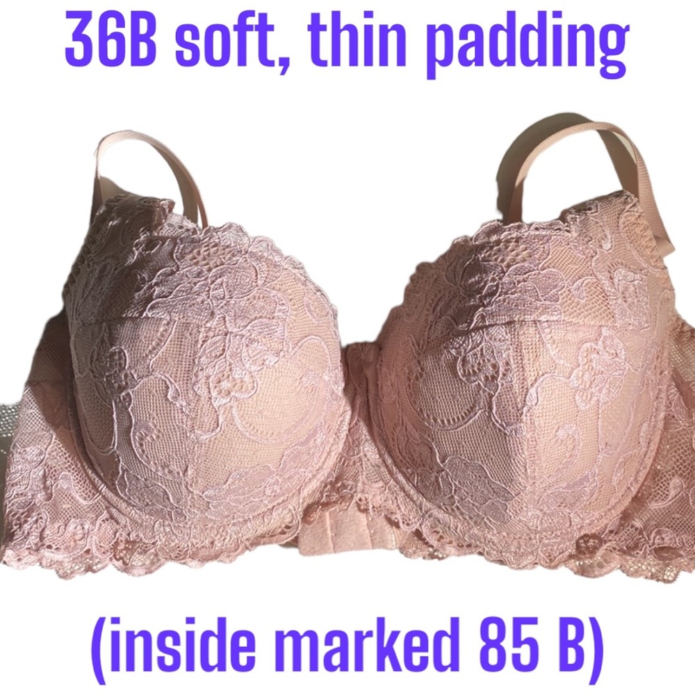 VGUC 36B 85B Dusty Rose Underwire Floral Lace Overlay Thin Soft Padded Bow Pink